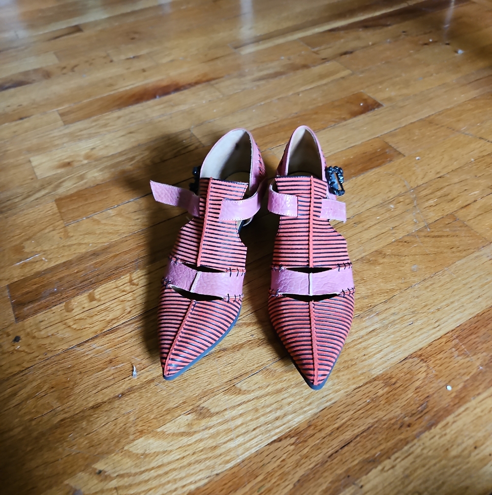 John Fluevog Pointed Mary Jane Flats in Pink and Black Stripe